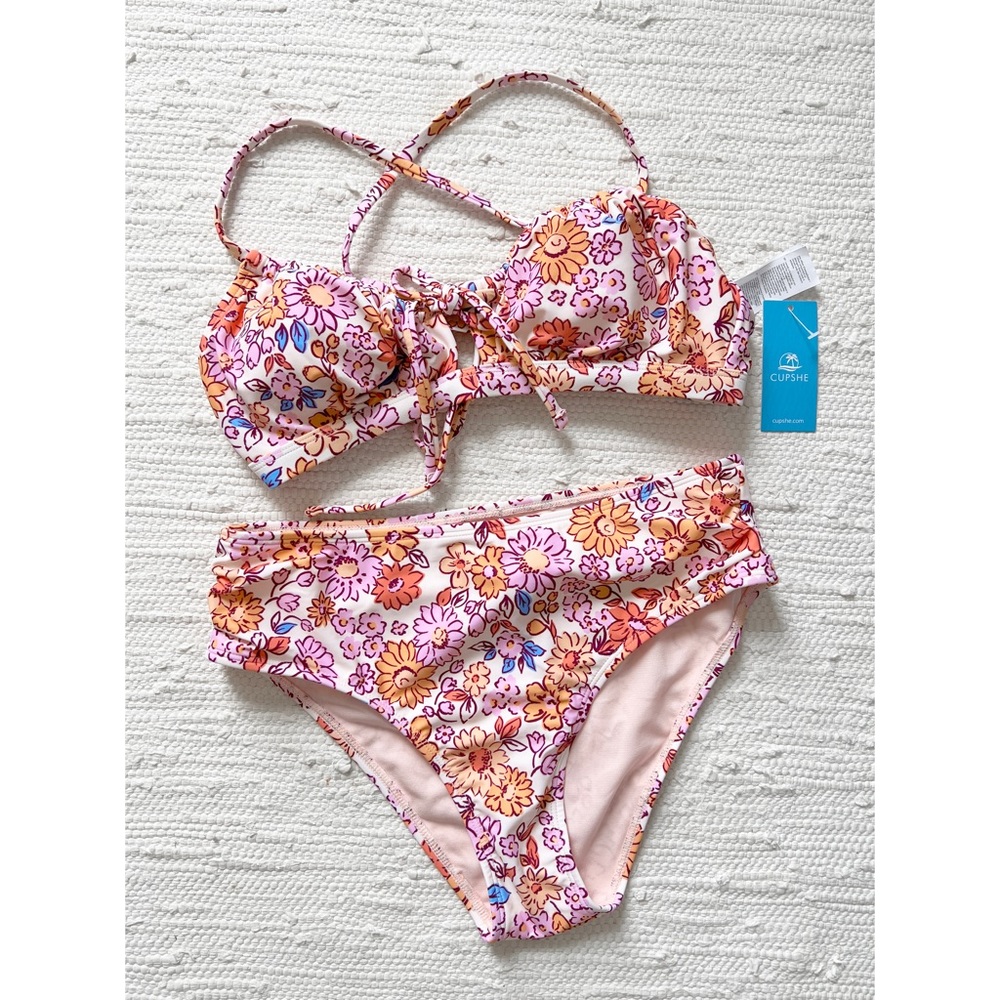 Cupshe Arty Petals Shirred Lace Back Bralette & Mid Rise Bikini Set